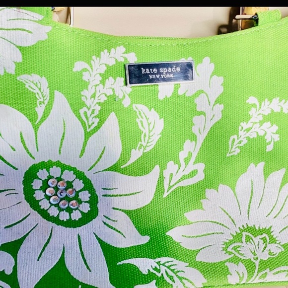 Kate Spade Green and White Floral Tote w rhinestones & Bamboo Handles - EUC Rare - Picture 3 of 16